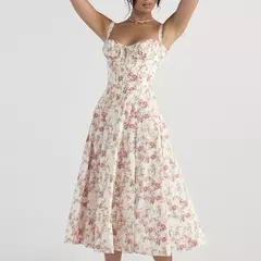 Imagem do Vestido de verão estampado floral, Laço frontal feminino, Gola quadrada, Vestido de coxa dividido, Cinta de praia, Vestido de noite, Novo
