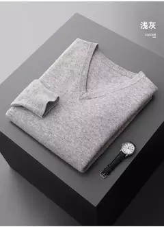 Suéter de cashmere com decote em v masculino espesso solto, lã de cor sólida, malha, casual para negócios novo, outono e inverno - Wolf Magazine
