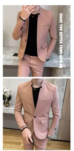 New (Blazer+ Pants) Men's Fashion Business Korean Version of Gentleman Zhongshan Stand Collar Casual British Style 2-piece Set - loja online