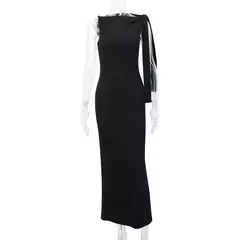 Justmery-vestido de noite sexy para as mulheres, cor sólida, sem mangas, colar redondo, slim fit, roupas de verão na internet
