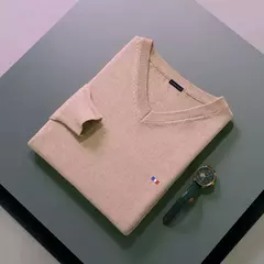 Camisola de cashmere manga comprida masculina com decote em v, pulôveres masculinos padrão, saltadores de tricô, roupas monocromáticas, venda quente - loja online