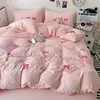 Cute Pink Bows Embroidery Duvet Cover Set, Conjuntos de cama 3D Confortável Rainha Consolador, capas macias para meninas, crianças, adolescentes