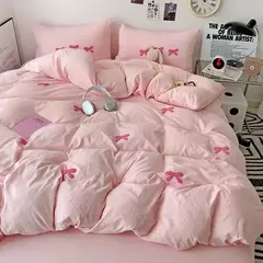 Cute Pink Bows Embroidery Duvet Cover Set, Conjuntos de cama 3D Confortável Rainha Consolador, capas macias para meninas, crianças, adolescentes