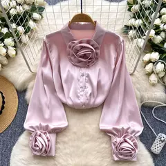 Elegante cetim tridimensional flor manga longa lapela blusa chique vintage moda colheita topo feminino camisas de outono roupas - comprar online