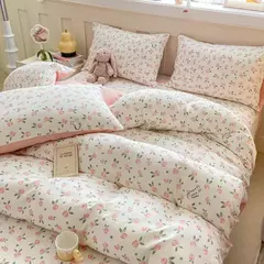 Conjunto de cama infantil com 3 peças, colcha rosa, capa de edredão floral vegetal, padrão de gato, desenhos animados fofos, conjunto de cama para meninas, decoração do quarto - loja online