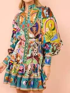 Mini saia feminina estampada, peito único, pescoço em pé, manga bolha, cintura com gravata, comprimento do joelho, vestido-camisa, moda verão, 2024 - comprar online