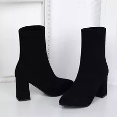 Botas curtas de salto grosso para mulheres, botas emagrecedoras, dedo apontado, moda feminina, estilo clássico, outono, inverno, D64