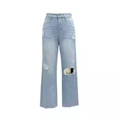 Imagem do Joelho feminino quebrado buracos jeans reto, calça jeans de cintura alta, feminina solta de perna larga, confortável, moda casual, tendência