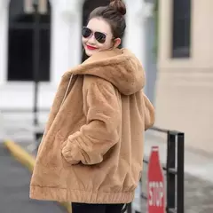 Jaqueta feminina com capuz de flanela forrada a lã, jaqueta curta solta, manga longa quente, comprimento médio, versão coreana, inverno, novo estilo na internet