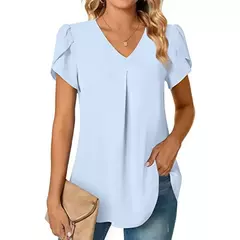 Blusa sexy com plissado e v pescoço para as mulheres, camisa de manga curta, cor sólida, solto, roupas de trabalho, verão, sze-st23015 - comprar online