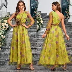 Vestido de noite tie-dye de um ombro feminino, vestido de baile formal, mangas de bolha de malha, bainha dividida, elegante