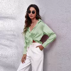 Blusa feminina de cetim manga longa, camisa cetim, tops de seda, vestuário europeu e americano, novo - comprar online