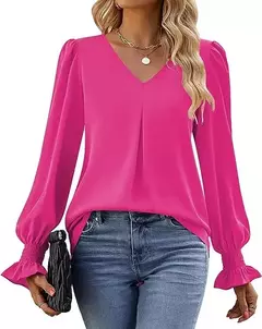 Imagem do Nova camisa feminina de chiffon de cor sólida com decote em v pulôver queimado manga comprida camisa superior senhora do escritório elegante cáqui blusas soltas