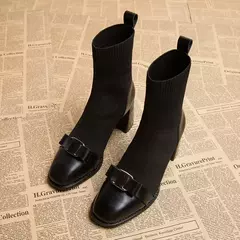 Botas de malha para mulheres, botas curtas de emagrecimento, sapatos de salto grosso, decoração metálica, moda feminina, outono, inverno na internet