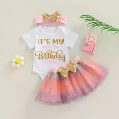 Bodysuits de manga curta para bebês, macacão recém-nascido, pettiskirt para criança, presentes de aniversário, roupas de festa 12m, 3 peças na internet