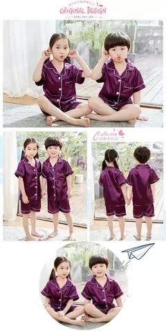 Imagem do Conjunto de pijamas de cetim de seda infantil pijamas de bebê pijamas pijamas cor sólida, terno infantil, meninos, meninas, outono