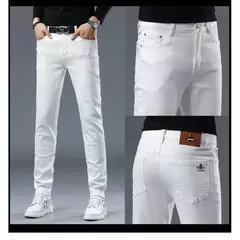 Calça jeans bordada com marca de maré alta masculina, simples, branca, fina, pés pequenos, casual, calça elástica versátil, outono, 2024