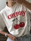 Camiseta de algodão estampa cereja feminina, tops com gola O, camiseta gráfica floral, manga curta, roupa feminina, streetwear casual, moda verão