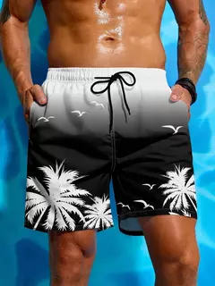 Homens com estampa palmeira com cordão cintura calções de bordo, moda sunga respirável streetwear curto, estampa 3D, férias de verão - comprar online