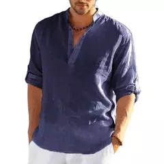 Imagem do Camiseta de linho manga comprida masculina, monocromática, solta, casual, respirável, camisas de algodão, streetwear leve, designer, nova