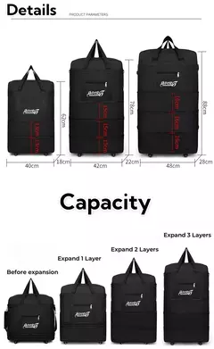 Saco de grande capacidade expansível com roda, bolsa de bagagem dobrável, bolsa de viagem Oxford para homens e mulheres, Airline Checked na internet