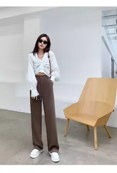 Imagem do Calça feminina de cintura alta até o chão, branca, solta, perna larga, feminina de escritório, reta, roupas longas, senhoras, outono, inverno