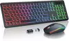 Combo de teclado e mouse sem fio, retroiluminado RGB, letras iluminadas recarregáveis, tamanho completo ergonômico, modo de suspensão, 2,4 GHz