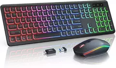 Combo de teclado e mouse sem fio, retroiluminado RGB, letras iluminadas recarregáveis, tamanho completo ergonômico, modo de suspensão, 2,4 GHz