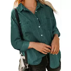 Camisa jeans feminina solta, bolso duplo, manga comprida, jaqueta casual versátil, primavera e outono, nova, 2024 - comprar online