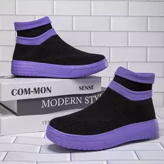 Sapatos masculinos de meias de malha alta, sapatos casuais de casal respirável, tênis de plataforma leve, roxo, plus size, 45, 46, venda quente