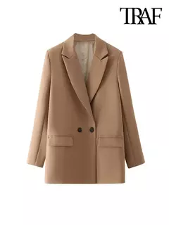 TRAF-Blazer de trespassado feminino, gola entalhada, manga comprida, chique, senhora do escritório, casaco vintage, casacos femininos, tops elegantes, moda na internet