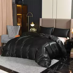 Luxo Satin Duvet Cover Set, conjuntos de cama, seda rica, sedosa, macio, sólido, sem rugas, Sexy Honeymoon, Queen Black Series, 3pcs