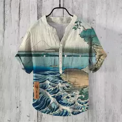 Camiseta casual de manga curta estampada masculina, camisa Henry estilo japonês - loja online