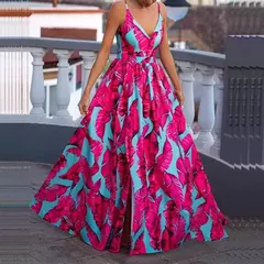 Verão impresso cintura vestido feminino 2024 comércio exterior roupas femininas com decote em v baixo peito festa grande saia vestido de balanço na internet