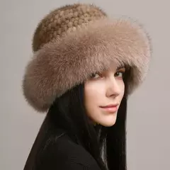 Chapéu de pele de vison genuíno para mulheres gorro de malha natural de luxo chapéu de malha artesanal pele de raposa real moda inverno quente, novo - comprar online