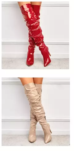 Eilyken-Patent Leather Apontado Toe Salto Alto para Mulheres, Botas Vermelhas Sobre o Joelho, Sapatos de Zíper Lateral, Stiletto Sólido, Calçado Feminino