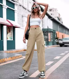 Calças cargo de algodão de cintura alta feminina, calça casual, perna larga, carga, verão, novo, 2023 - comprar online