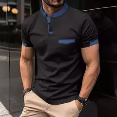 Camisa polo esportiva casual masculina, monocromática, com gola alta, tecido diagonal, camisa de Henry, verão, 2024 - loja online