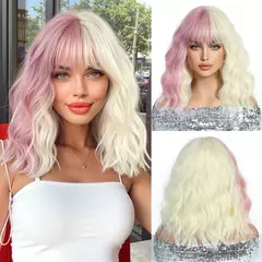 Halloween curto encaracolado bob perucas sintéticas dois tons cores vermelho e ciano onda de água peruca sintética com franja para mulher cosplay parte - comprar online