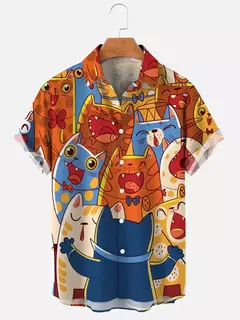 Camisa havaiana dos desenhos animados de anime masculino, Tops de manga curta, roupas casuais masculinas, rua, animais, gatos, retrô, 3D Tees, verão - Wolf Magazine