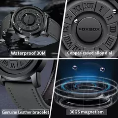 FOXBOX-Relógio de pulso masculino de quartzo magnético, ponteiro de rolagem criativo, relógio de couro genuíno - Wolf Magazine