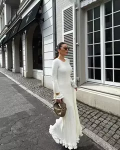 Elegante vestido de malha de manga comprida feminino, gola redonda, vestes finas brancas, vestidos de festa femininos, moda feminina, verão, outono, novo, 2022 na internet