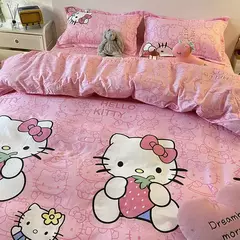 Olá Kitty Queen Size Conjunto de cama, colcha, folha plana e fronhas, Pink Princess Dorm Suit, desenhos animados bonitos, 4 pcs por conjunto na internet