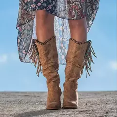 Botas altas de dedo apontado retrô para mulheres, borla, fivela de metal, salto grosso, vaqueiro ocidental, sapatos femininos, tendência, 2024 - loja online