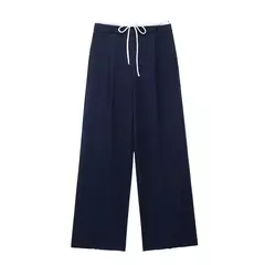 TRAFZA-Calça comprida com retalho feminino, Monocromática, Perna larga, Versátil, Casual, Calças soltas, Streetwear, Moda, 2024 na internet