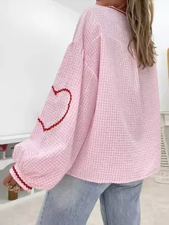 Camisas femininas com gola V, bordado de coração, xadrez, nó frontal, blusa de gravata, primavera, verão, tops casuais, moda, Y2K - Wolf Magazine