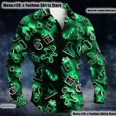 Natal santa gingerbread motorando botão masculino camisa de lapela de manga comprida de alta qualidade, tamanho grande XS-6XL entrega rápida na internet
