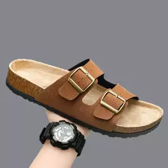 Imagem do Sandálias masculinas de couro para praia, chinelo confortável, sapatos de marca original, verão 2022