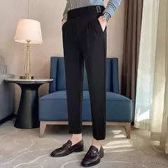 Estilo britânico dos homens de cintura alta vestido casual calça masculina cinto design calças finas formal escritório social vestido de festa de casamento terno calças na internet