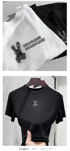 Imagem do Top de diamante cintilante de manga curta feminino, estrela de diamante, coelho fashion, elástico alto, macio, grandes dimensões, verão, novo, top versátil
